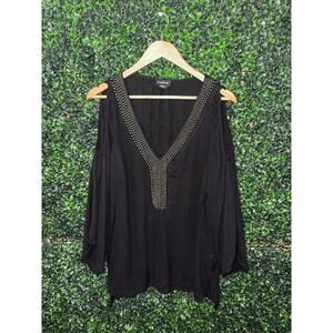 Bebe, Black Beaded Neckline, Open Shoulder, Long Sleeve Blouse Women’s Size L